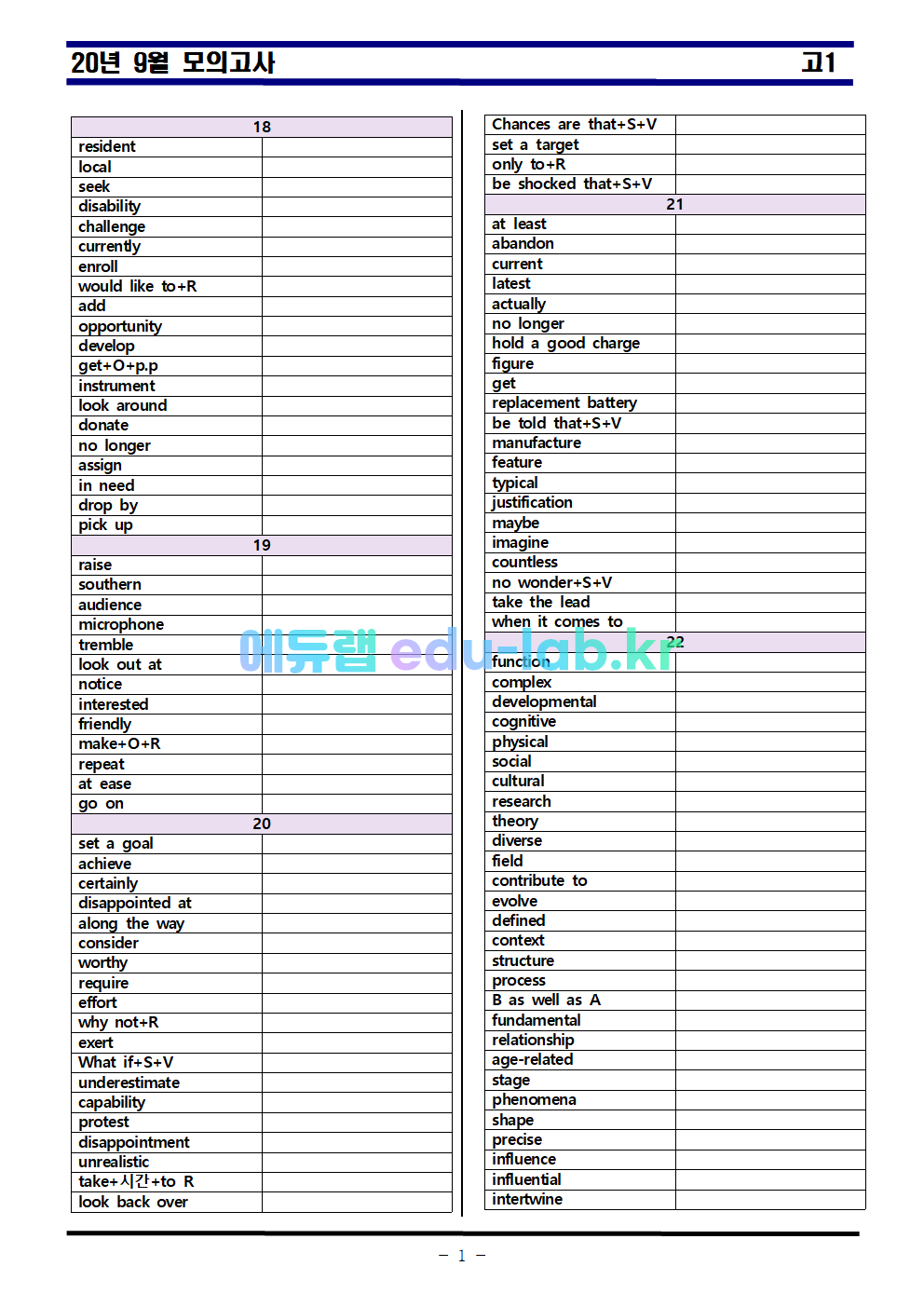 20년 9월 고1 모의고사 상세어휘