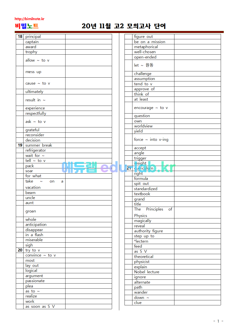 20년 11월 고2 모의고사 상세어휘와 의미쓰기 철자쓰기 연습