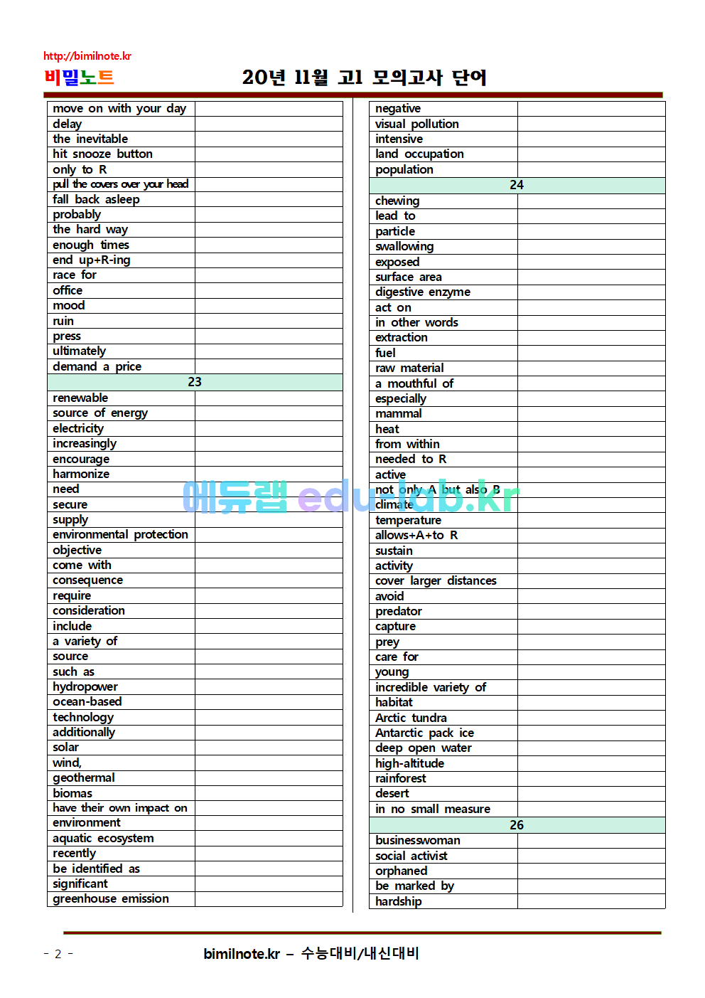 20년 11월 고1 전국연합 모의고사 상세어휘