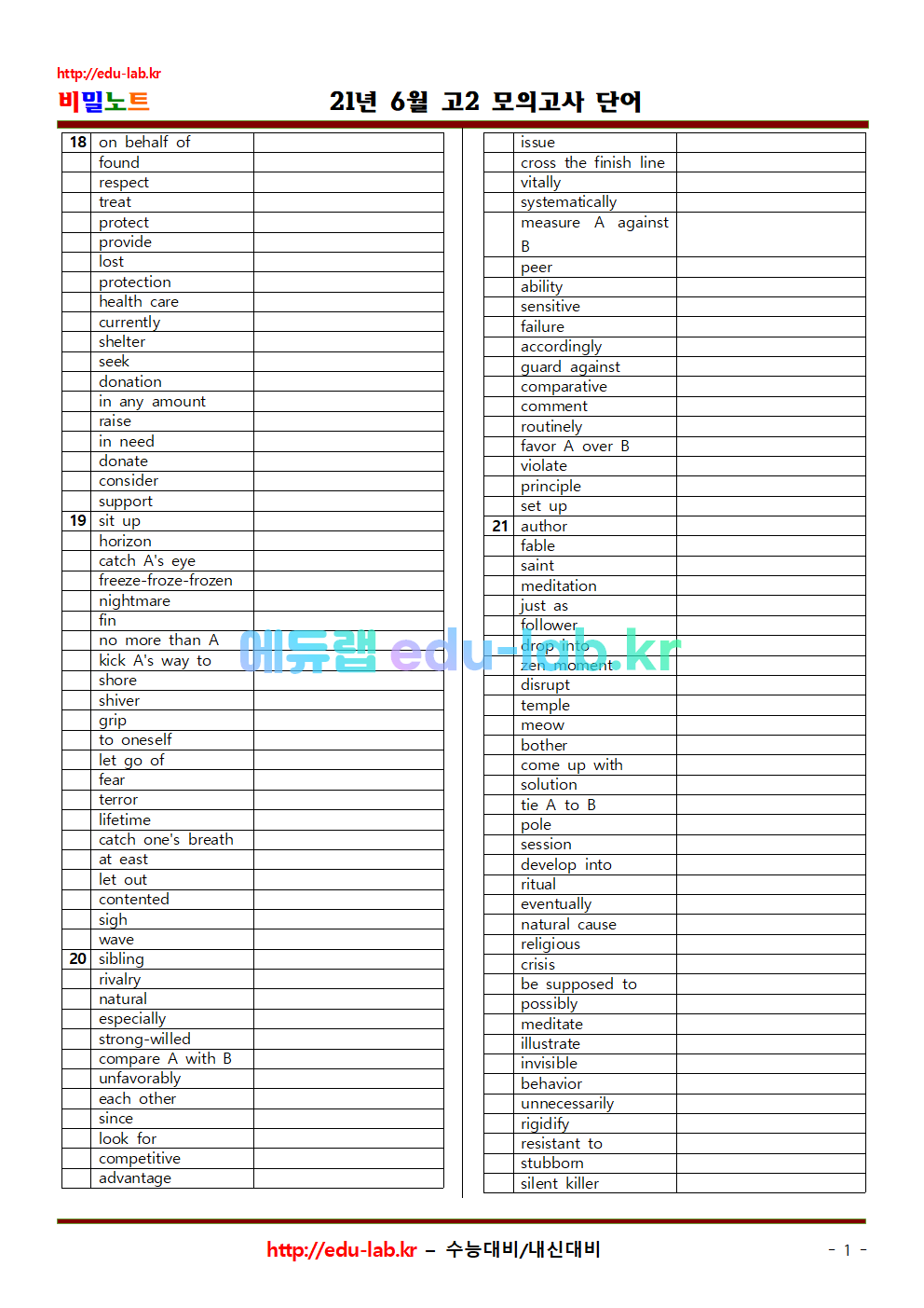 21년 고2 6월 전국연합(부산)모의고사 상세어휘_의미쓰기_철자쓰기포함