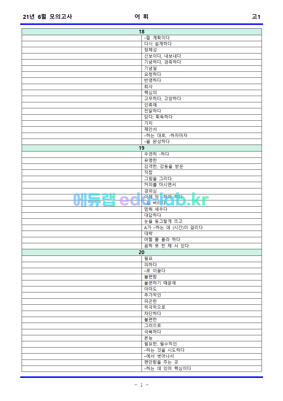 21년 고1 6월 전국연합(부산)모의고사 상세어휘_의미쓰기_철자쓰기포함