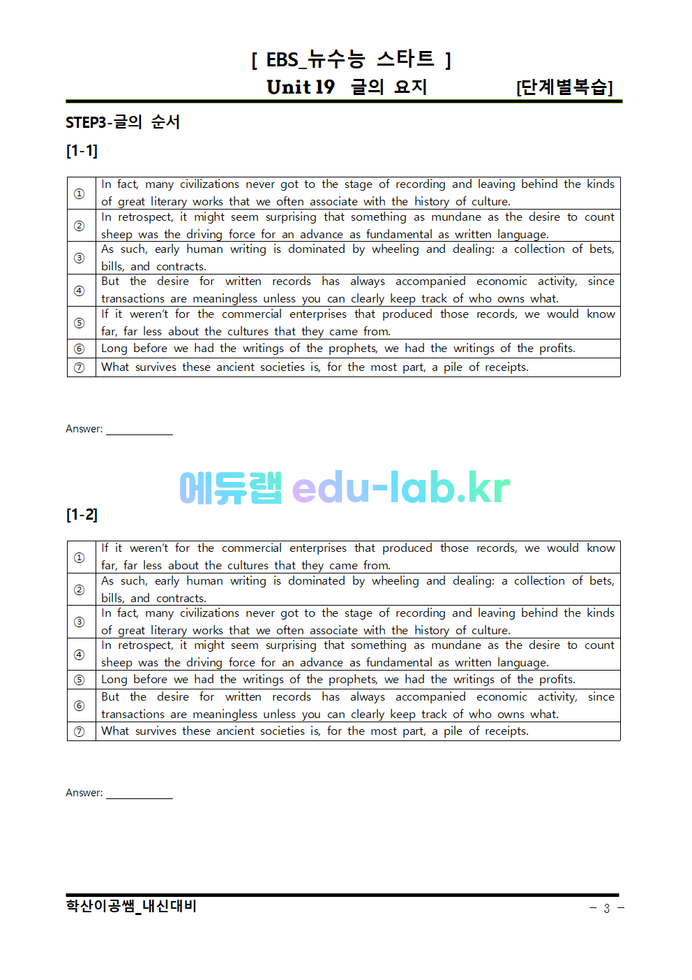 뉴수능스타트 Unit19 단계별복습_교사용과 학생용