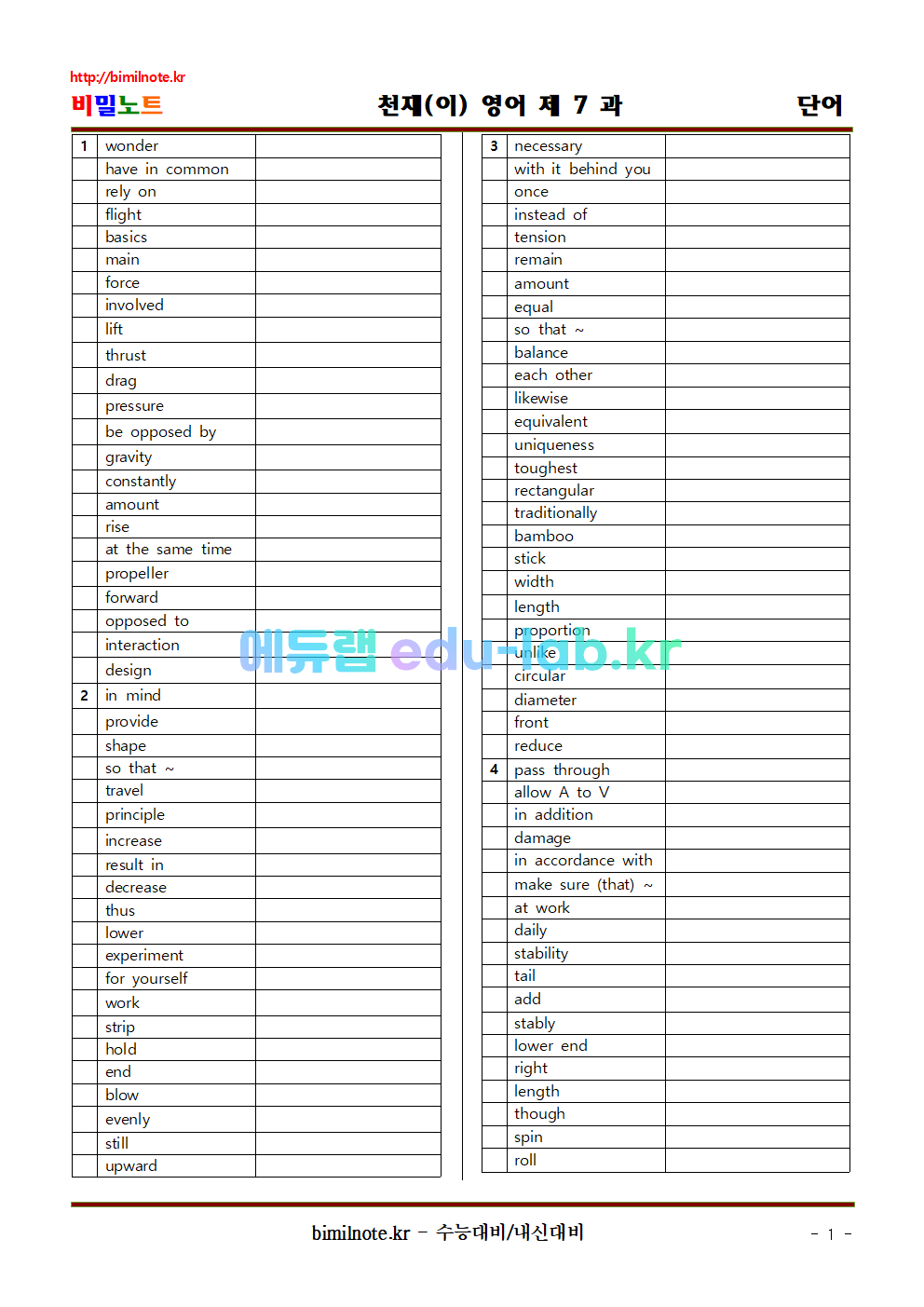 영어 천재(이) 제 7 과 상세어휘