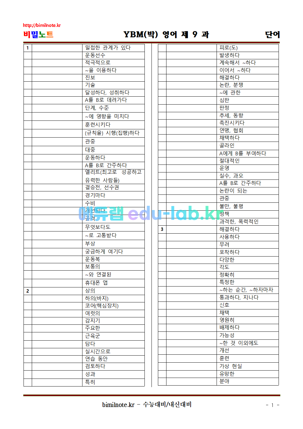 영어 YBM(박) 제 9 과 상세어휘