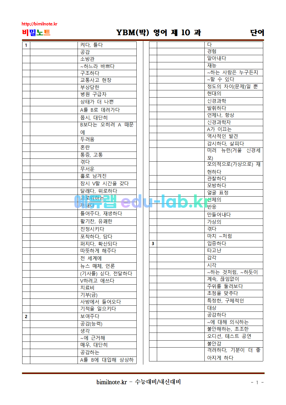 영어 YBM(박) 제 10 과 상세어휘