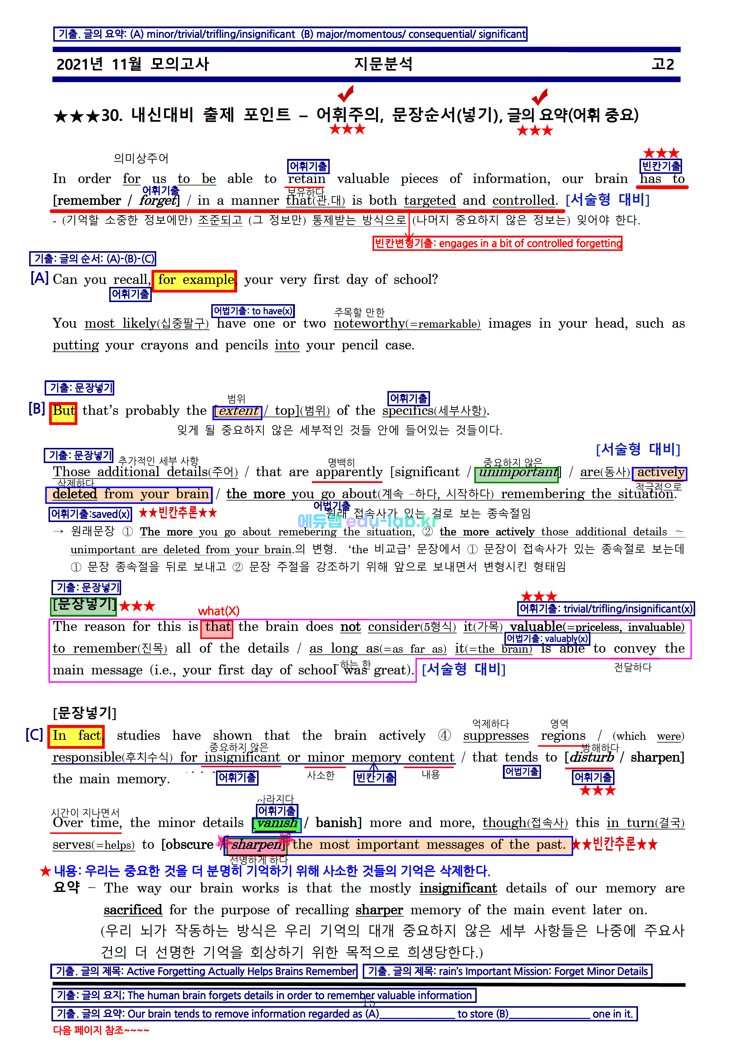 [비밀노트_에듀랩(edu-lab.kr)] 21년 11월 고2 교육청_신(信)최종찍기_기출문제반영