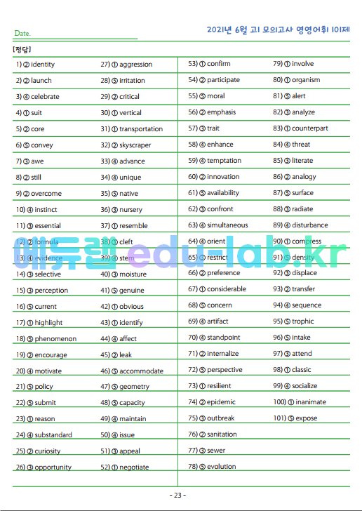 2021년 고1 6월 모의고사 영영풀이 객관식 101제