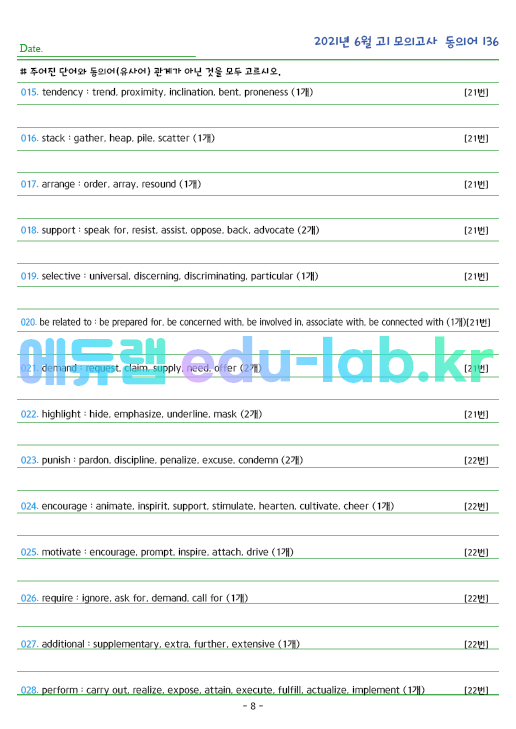 2021년 고1 6월 동의어 136 단어 정리 + 테스트지입니다