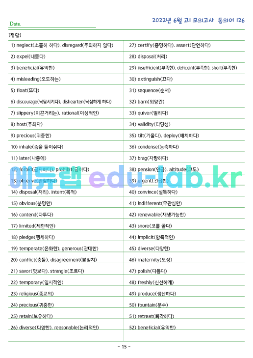 2022년 고1 6월 동의어 126 단어 정리 + 테스트지입니다