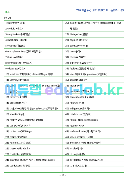 2022년 고3 6월 동의어 145 단어 정리 + 테스트지입니다