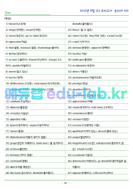 2021년 고2 9월 동의어 140 단어 정리 + 테스트지입니다