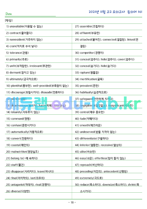 2021년 고2 11월 동의어 141 단어 정리 + 테스트지입니다