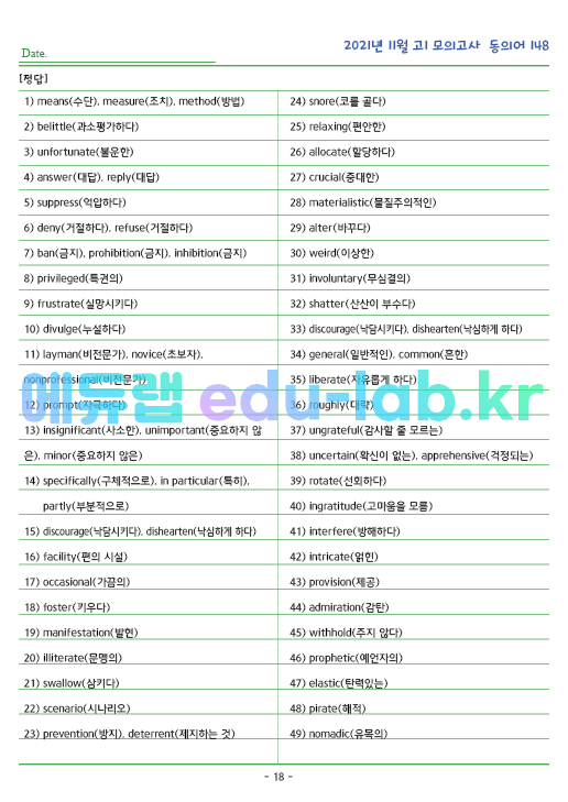 2021년 고1 11월 동의어 148 단어 정리 + 테스트지입니다