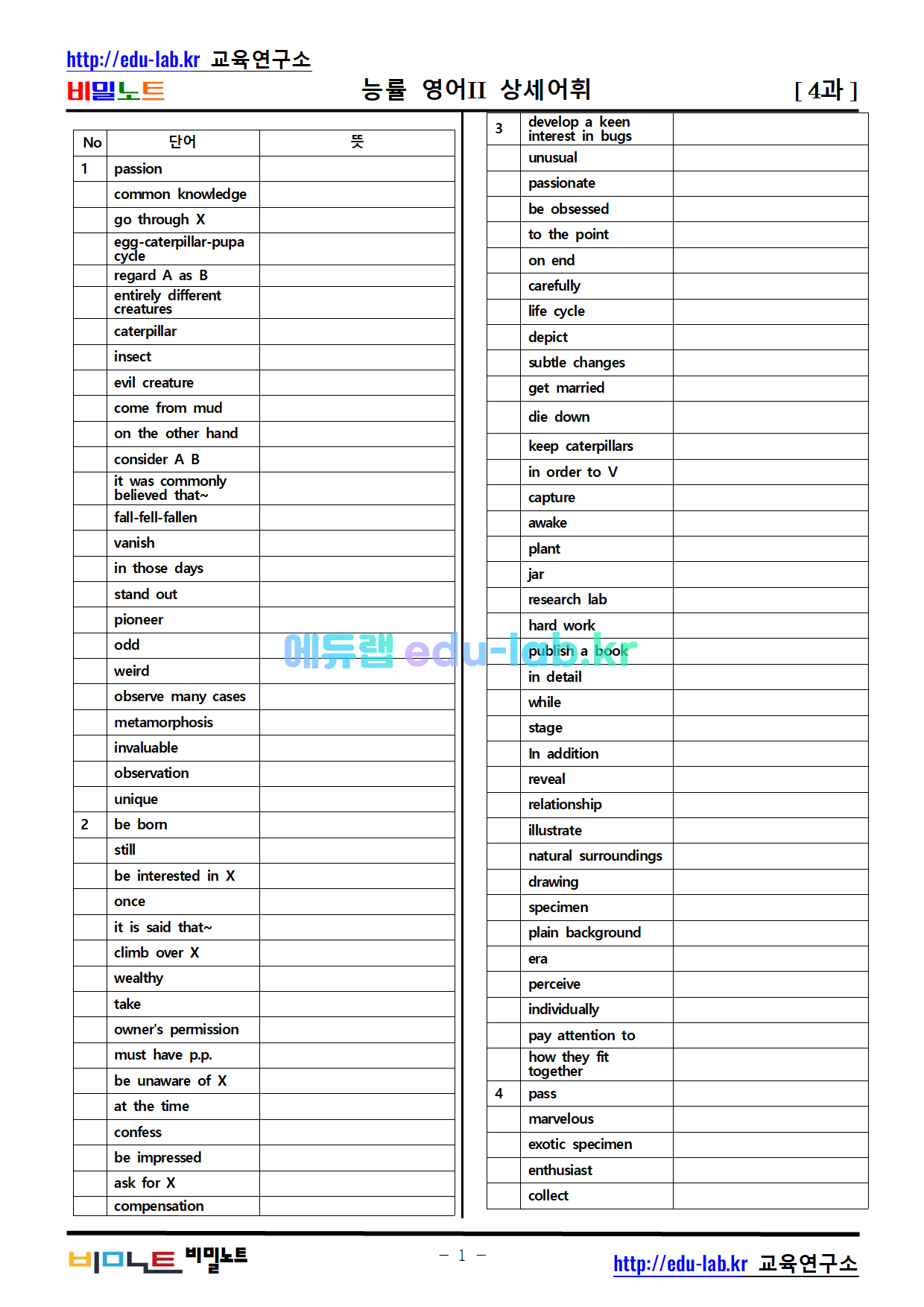 [비밀노트] 능률 영어II 4과 독상어(독해를 위한 상세어휘) 및 3회 반복 녹음파일