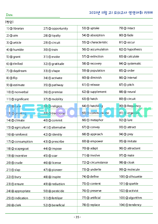 2021년 고1 11월 모의고사 영영풀이 159 단어 정리 + 테스트지입니다.