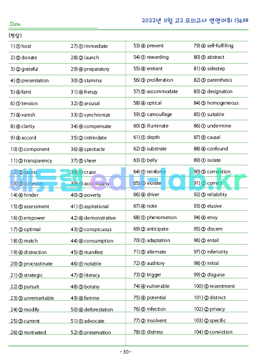 2022년 고2 11월 모의고사 영영풀이 136 단어 정리 + 테스트지입니다.