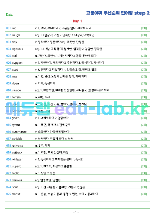 시중 고등 22개 단어장를 빈도순으로 재편집한 단어장  Step 1 (하루 100개 * 20일 = 2000단어)