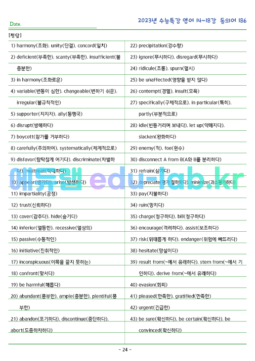 2023년 수능특강 영어 14~18강 동의어 (186단어) 정리 및 테스트입니다