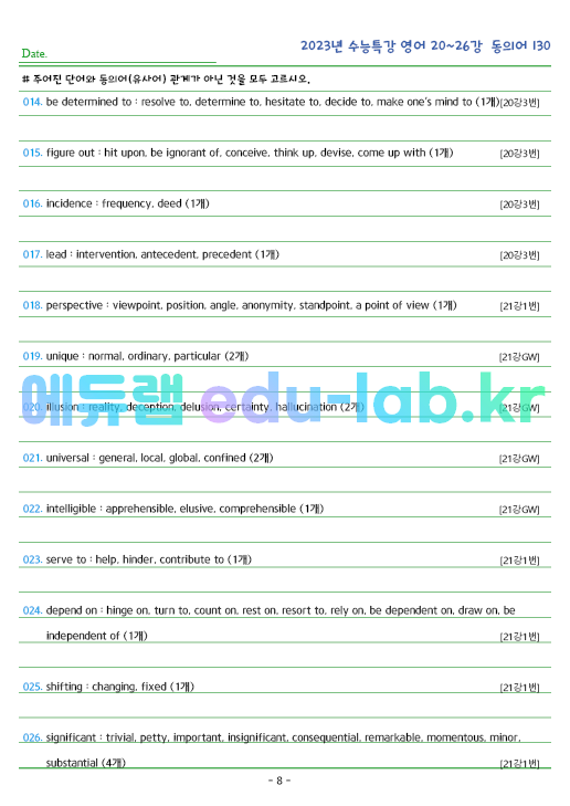 2023년 수능특강 영어 20~26강 동의어 (130단어) 정리 및 테스트입니다