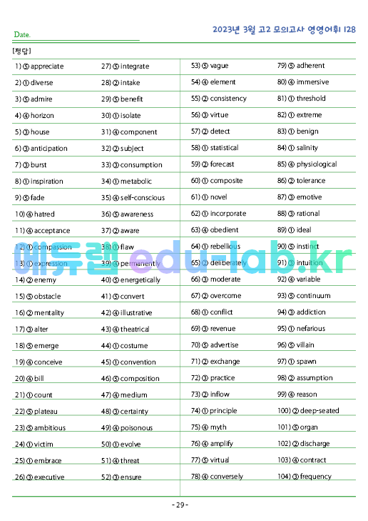 2023년 고2 3월 모의고사 영영풀이 128 단어 정리 + 테스트지입니다.