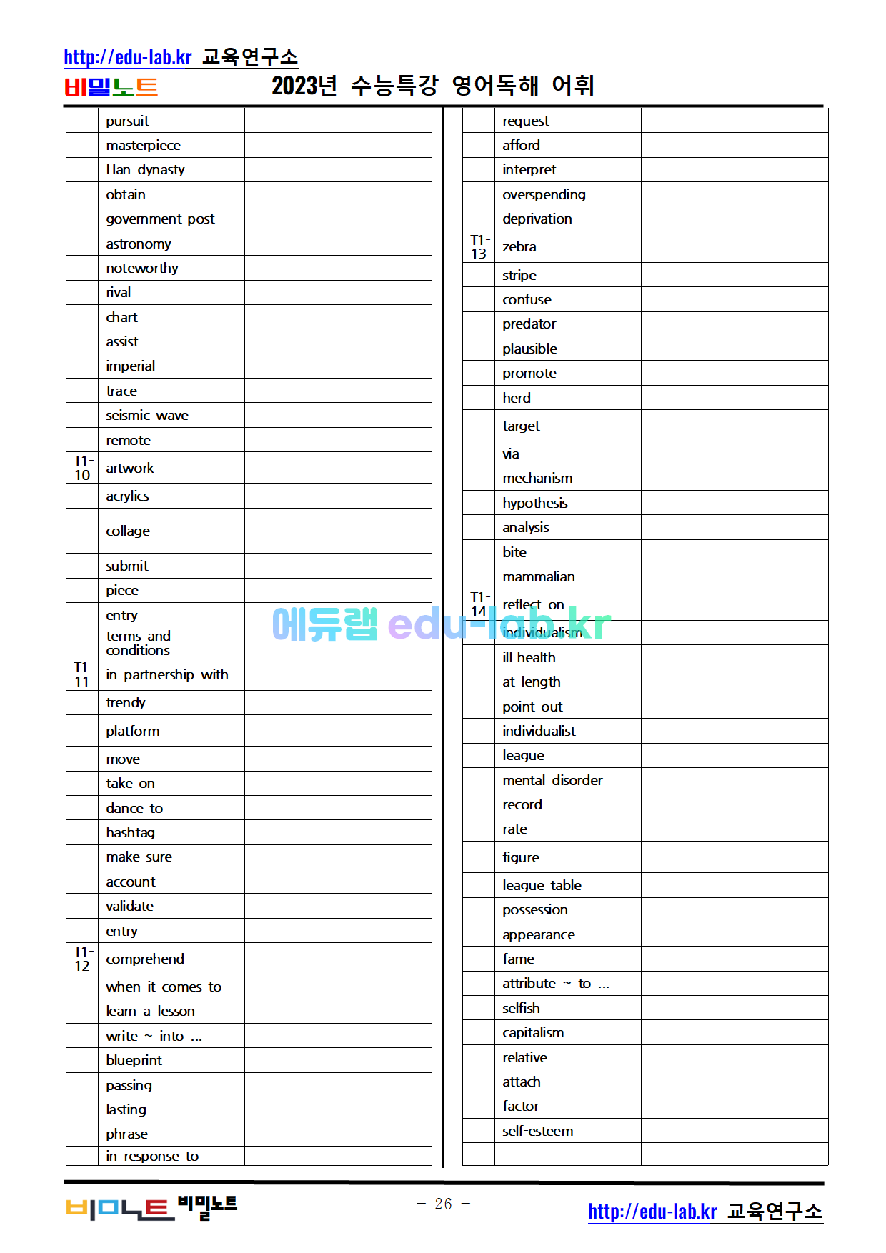 비밀노트_에듀랩(edu-lab.kr)_수특영어독해 전강_어휘_의미쓰기_철자쓰기포함