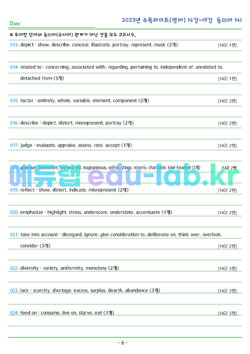 2023년 수능특강 Light (영어)14강~19강 동의어 (141단어) 정리 및 테스트입니다