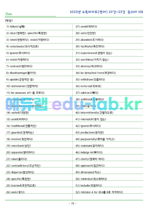 2023년 수능특강 Light (영어) 20강~23강 동의어 (108단어) 정리 및 테스트입니다