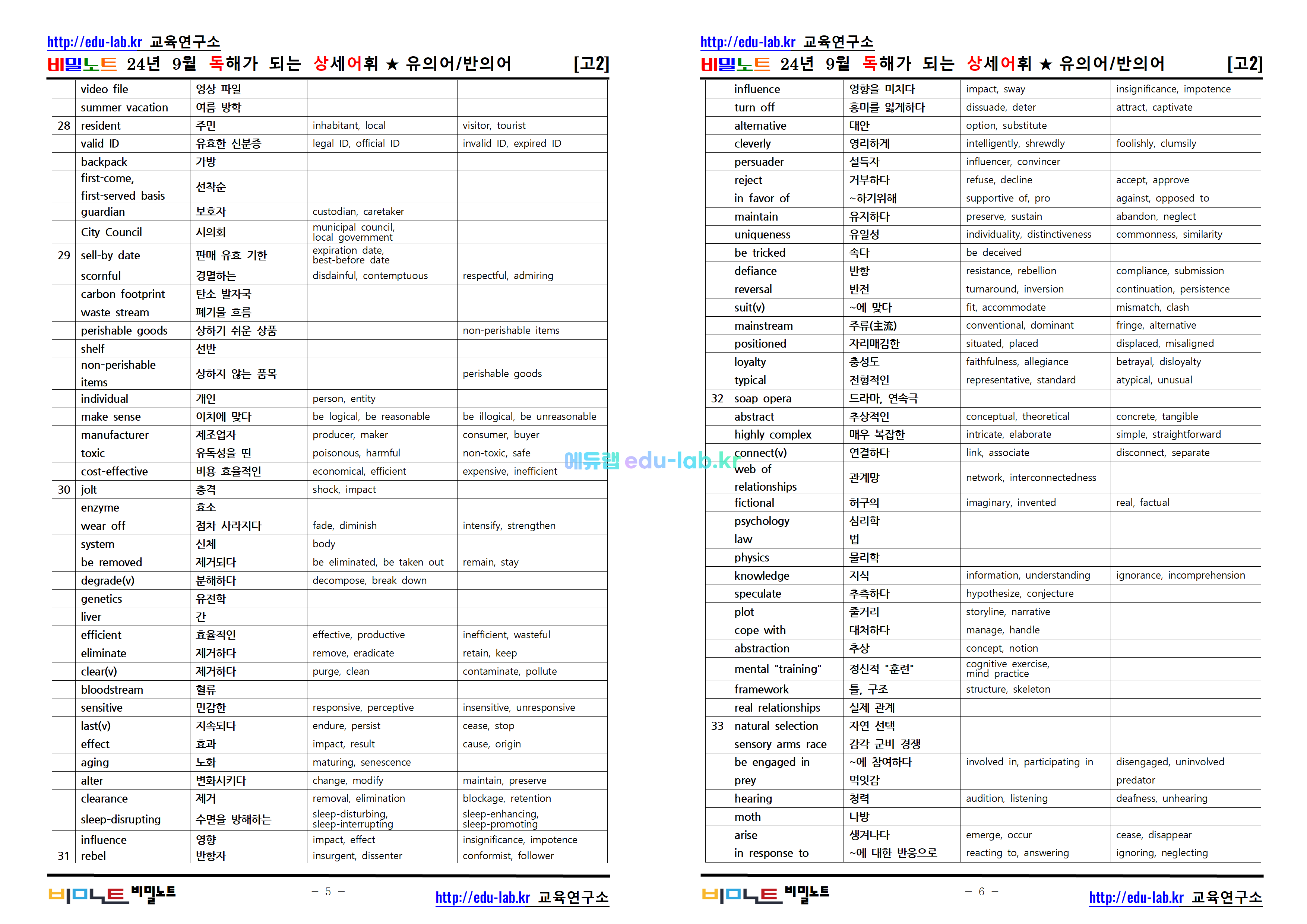 [비밀노트_에듀랩(edu-lab.kr)] 23년 9월 고2 독해가되는 상세어휘_유의어_반의어_TEST포함