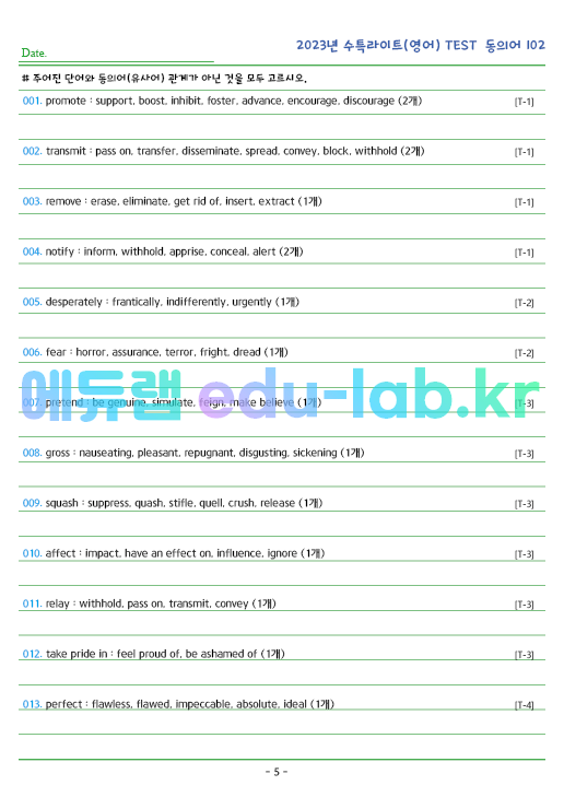 2023년 수능특강 Light (영어) TEST 동의어 (102단어) 정리 + 테스트지입니다.