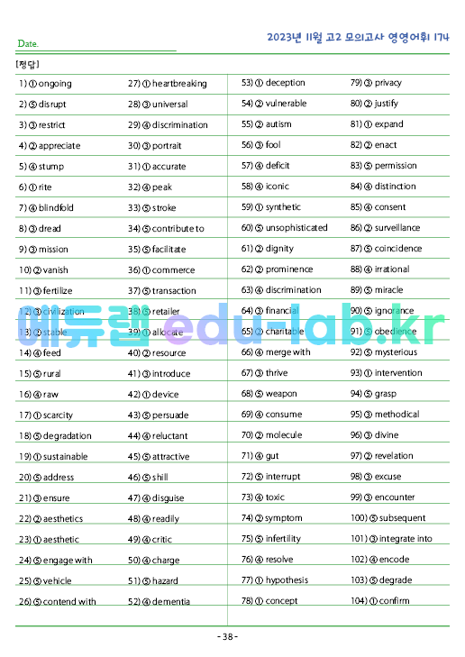 2023년 고2 11월 모의고사 (12월 시행) 영영풀이 174 단어 정리 + 테스트지입니다.