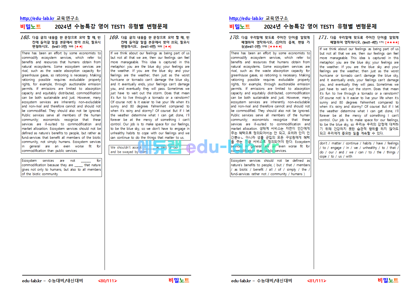 [비밀노트_에듀랩(edu-lab.kr)] 2024년_수능특강 영어_ Test 1_유형별 변형문제_251문항