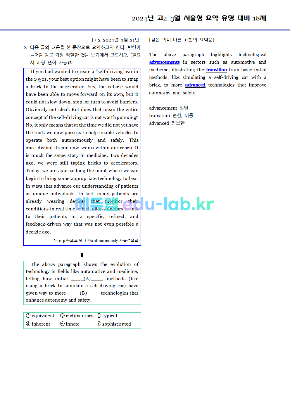 2024년 고2 3월 서술형 요약 대비 변형문제 (내신형 18문제 + 요약문 복습)