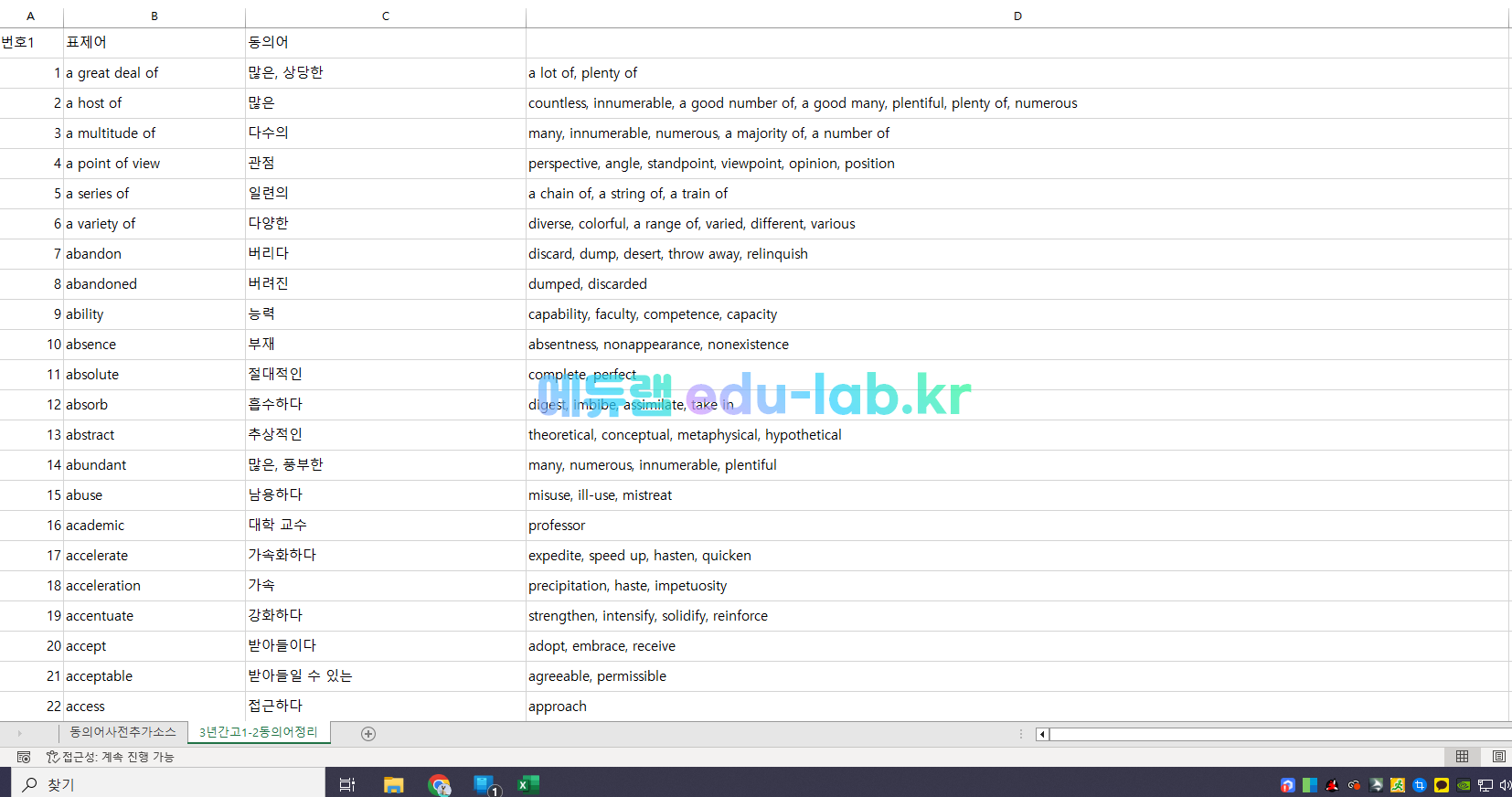 2021년 3월 ~ 2024년 11월 3개년 고1-고2 동의어 정리 엑셀 파일