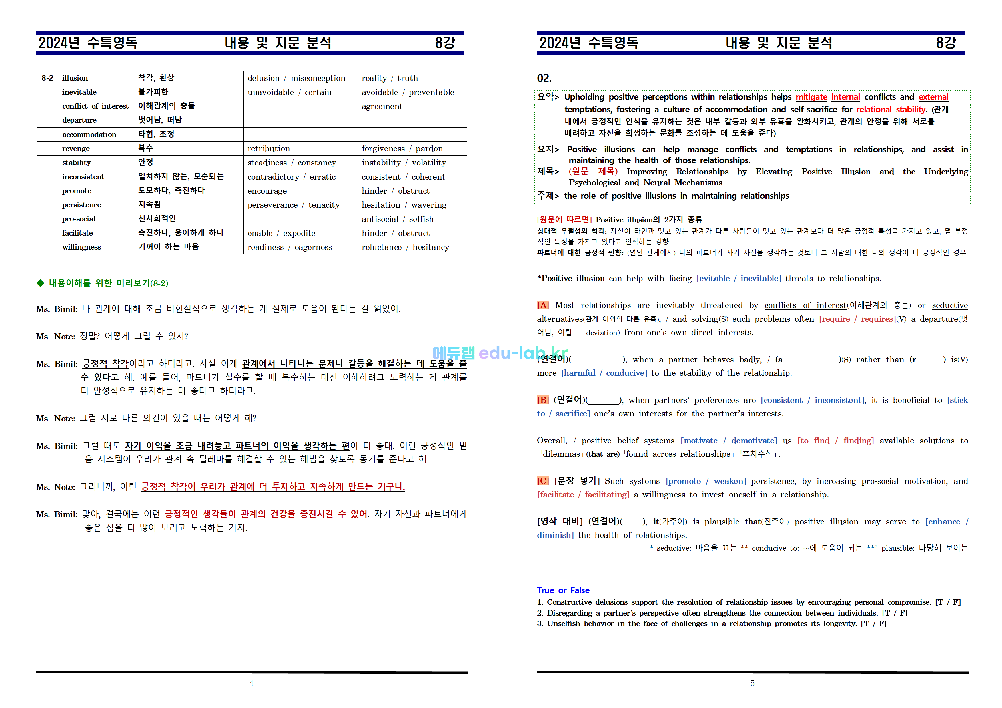 [세연쌤][비밀노트_에듀랩(edu-lab.kr)] 24년 수특영독 8강 내용 및 지문분석 원문첨부(4번 지문 수정)