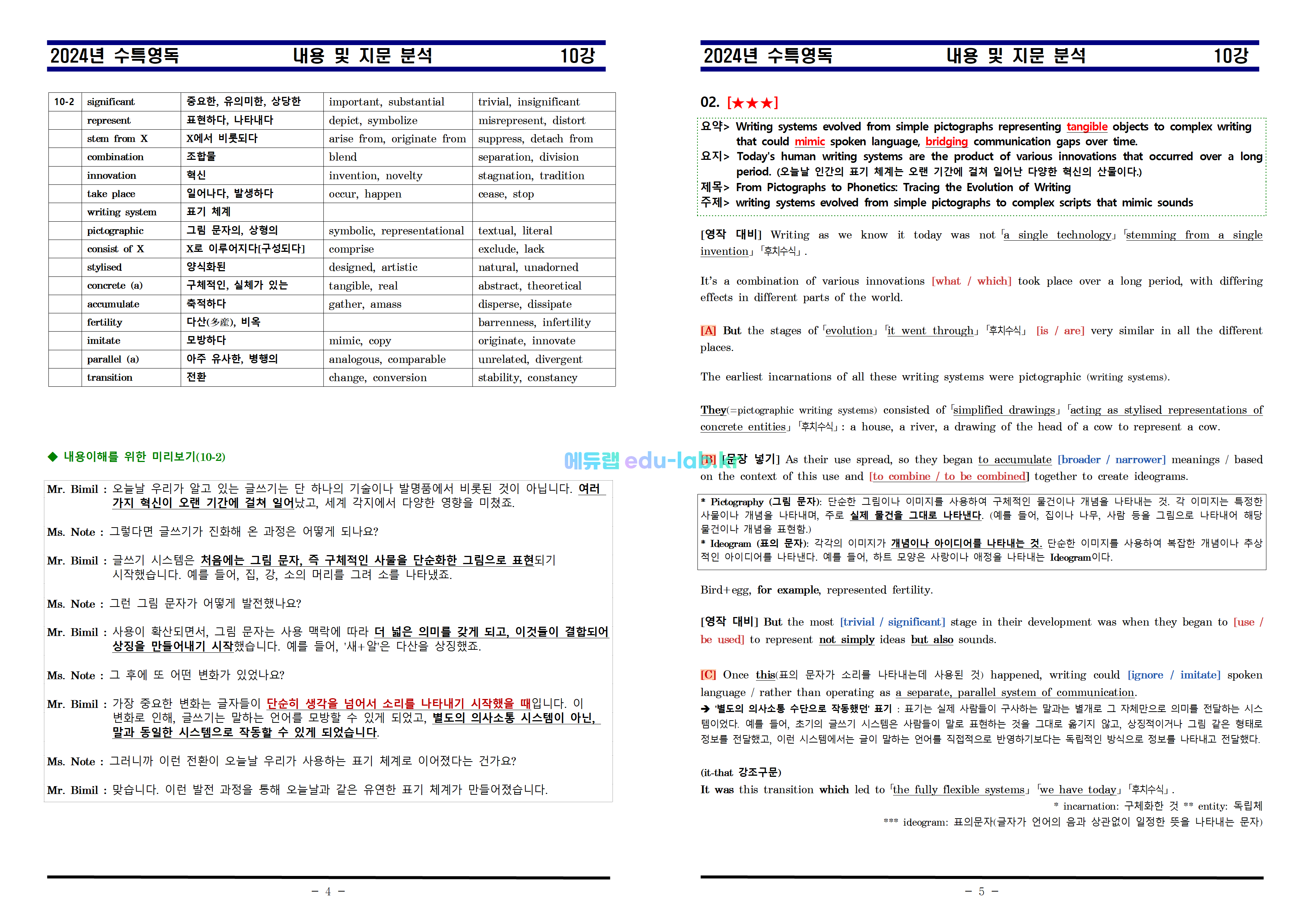 [비밀노트_에듀랩(edu-lab.kr)] 24년 수특영독 10강 내용 및 지문분석 원문첨부