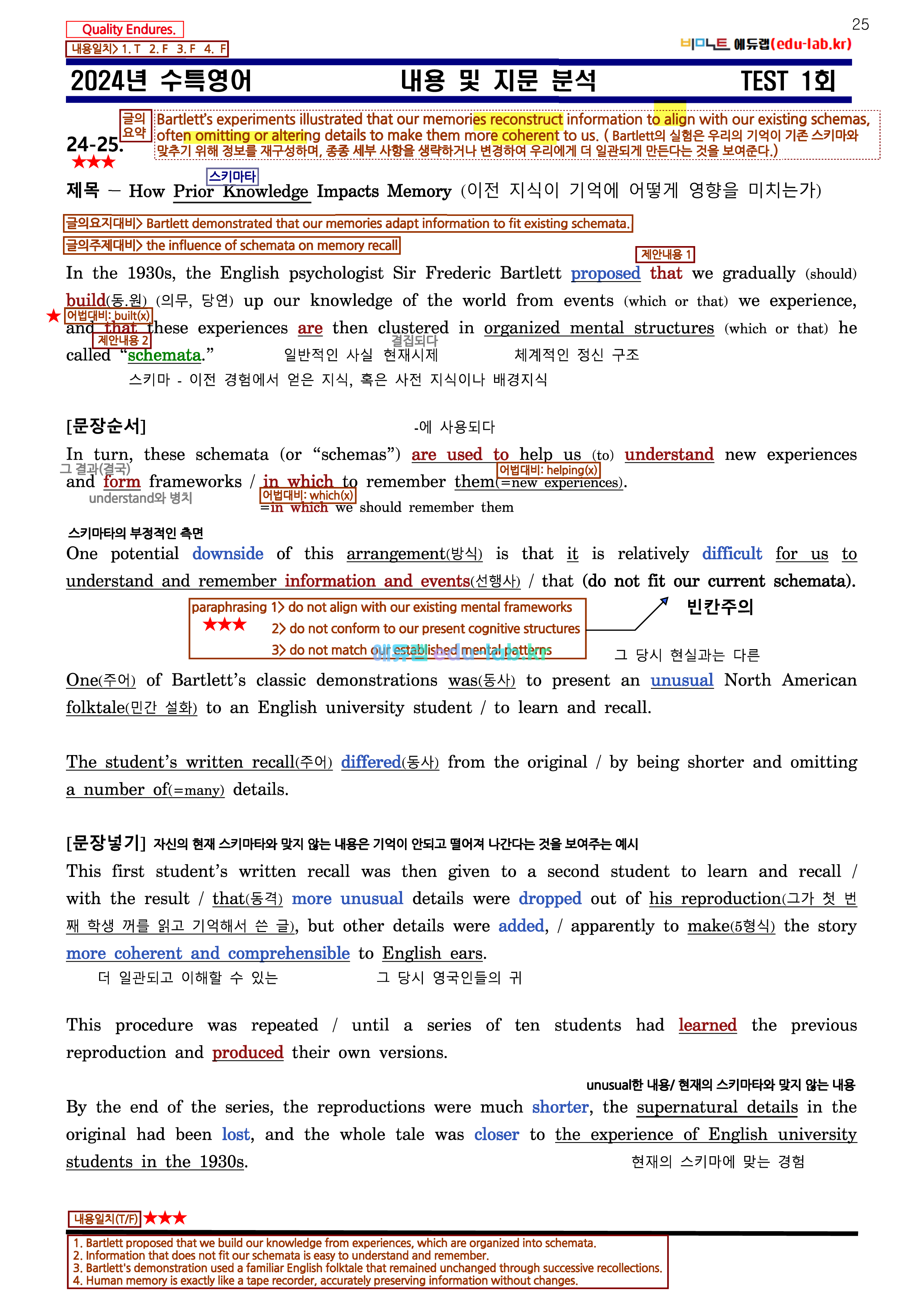 [비밀노트_에듀랩(edu-lab.kr)] 24년(25학년도) 수특영어 TEST 1회 내용 및 지문분석 - 신(信)최종찍기