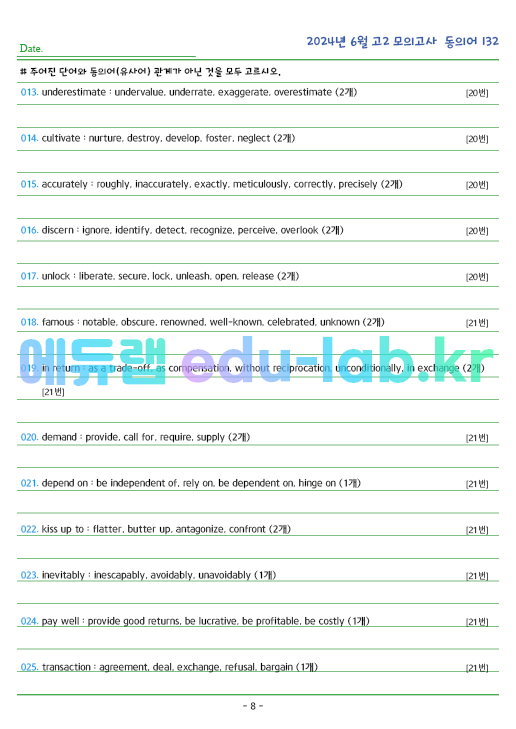 2024년 고2 6월 동의어 132 단어 정리 + 테스트지입니다