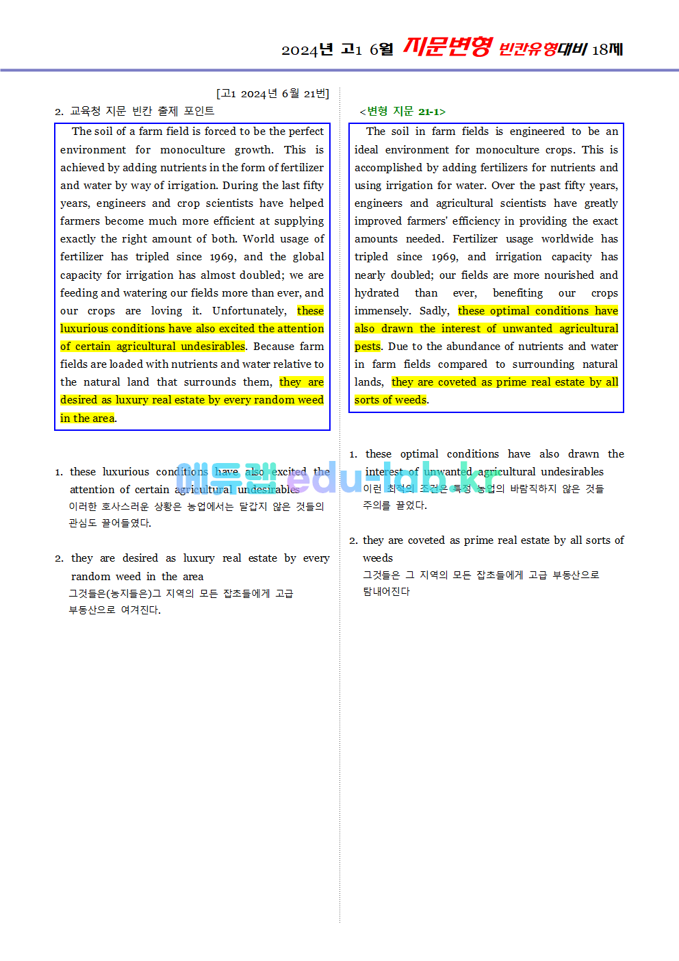 [2024년 고1 6월] 패러프레이징 지문으로 만든 빈칸대비 70지문