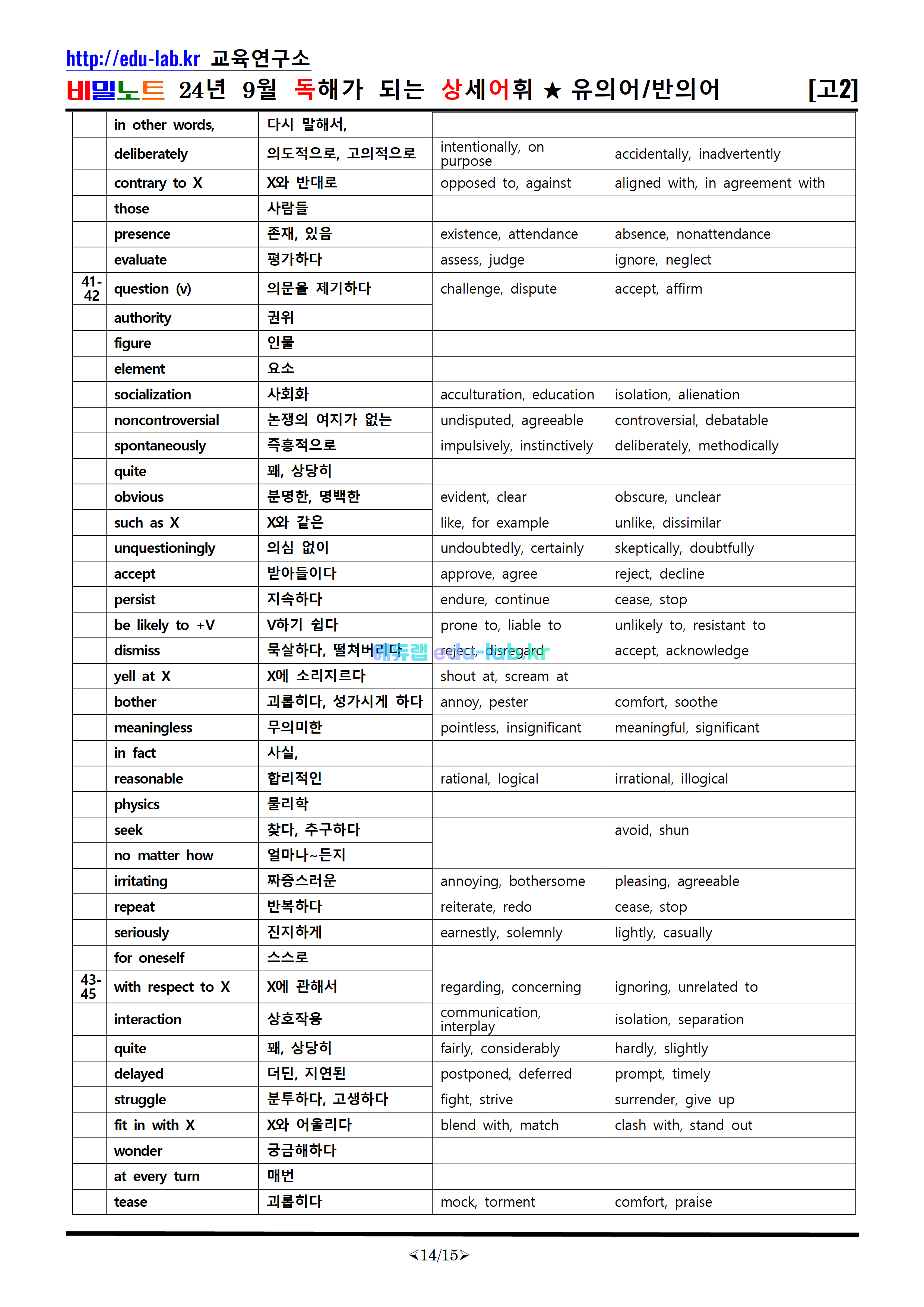 [비밀노트_에듀랩(edu-lab.kr)] 24년 9월 고2 독상어(독해가되는 상세어휘)_유의어_반의어_TEST포함