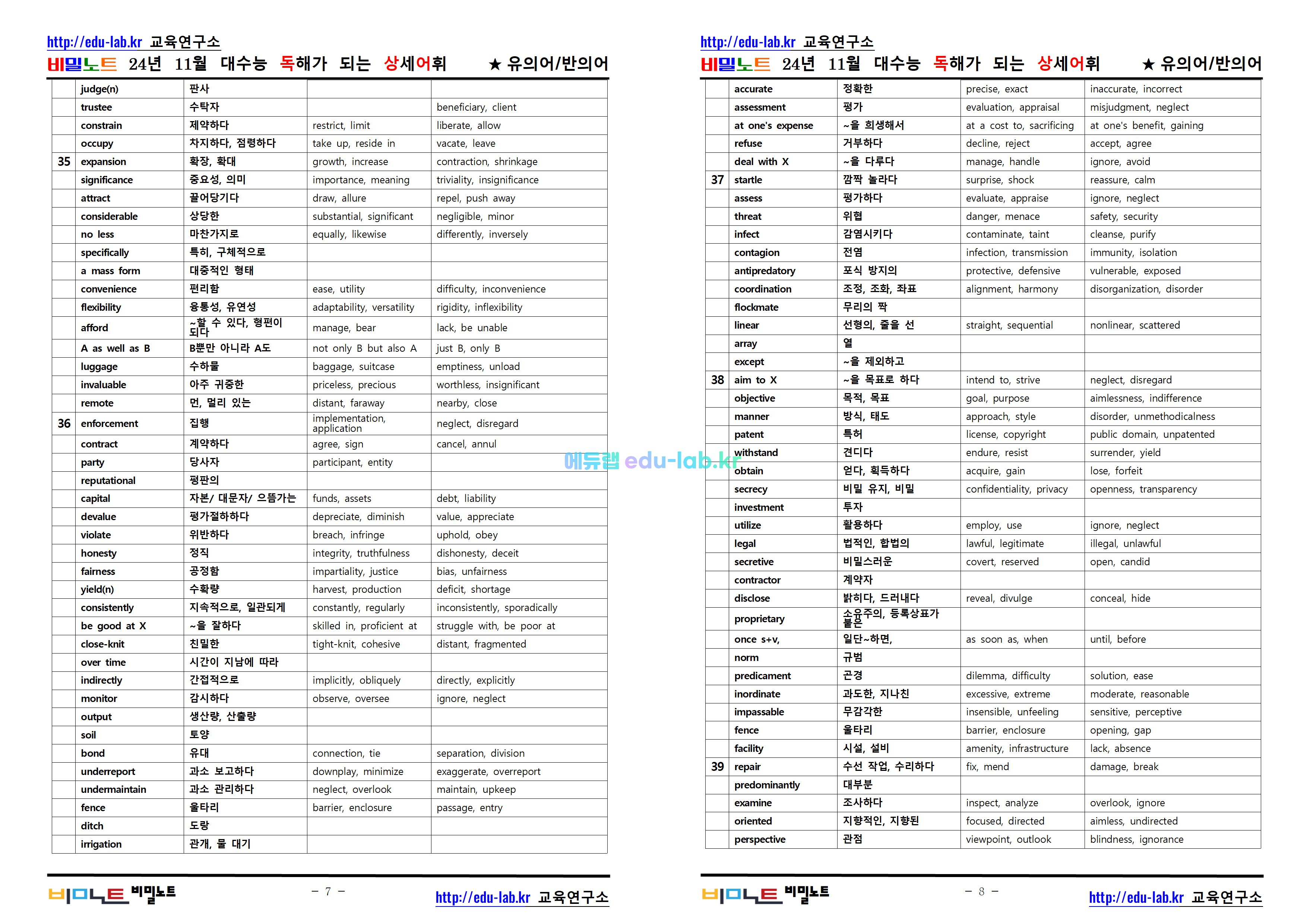 [비밀노트_에듀랩(edu-lab.kr)] 24년(25학년도) 11월 대수능 상세어휘_유의어_반의어_TEST포함(29번 수정)