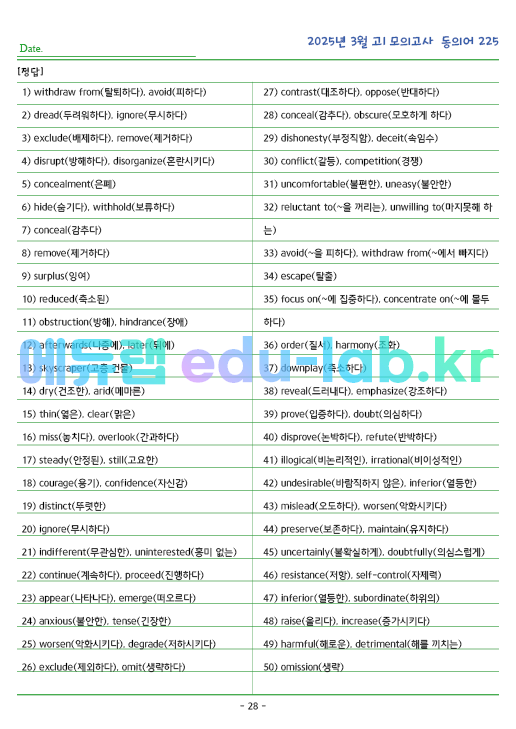 2025년 고1 3월 동의어 225 단어 정리 + 테스트지입니다