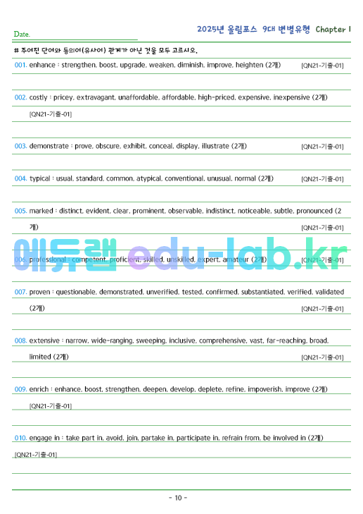 2025년 올림포스 9대변별 유형 Chapter 1 (21 함축적 의미 / 23~24 주제, 제목) 동의어 191제