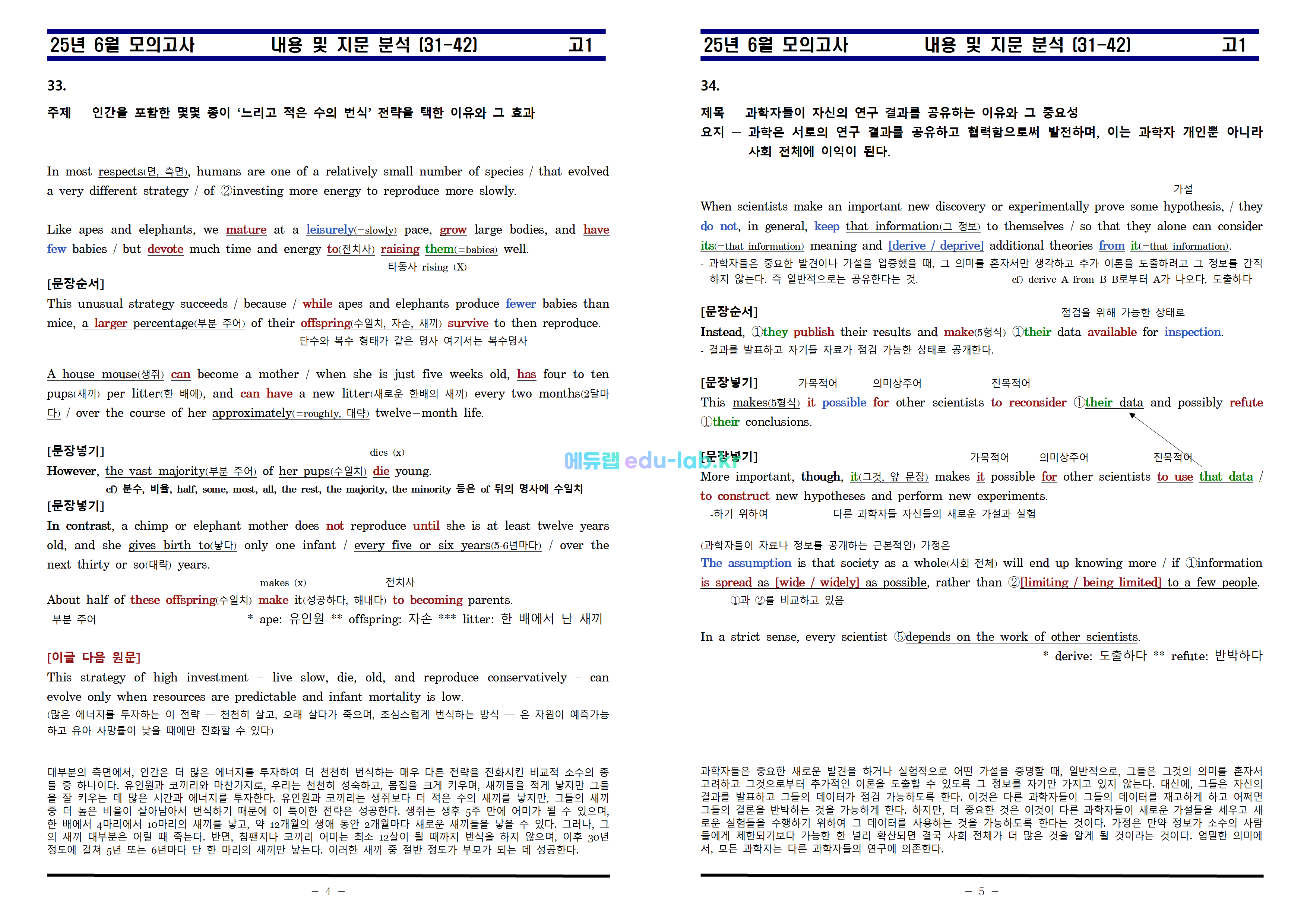[비밀노트_에듀랩(edu-lab.kr)][신조샘] 25년 6월 고1 모의고사 지문분석과 복습과제 1부 (31-42)_원문_한문장 해석포함