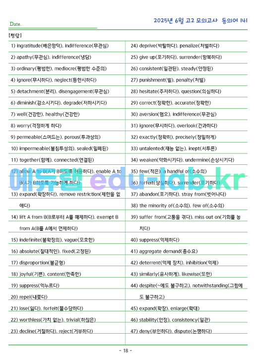2025년 고2 6월 동의어 141 단어 정리 + 테스트지입니다