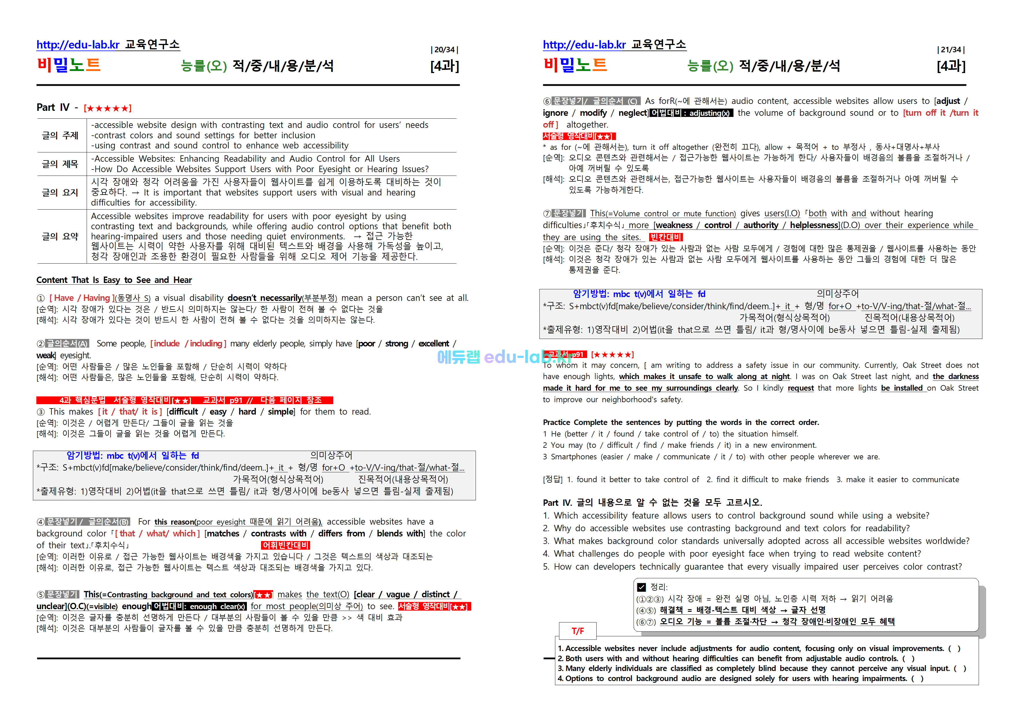 [비밀노트_에듀랩(edu-lab.kr)] 공통영어2 능률(오) Lesson4 적중내용분석 및 단계별복습-교사용-학생용(프리패스=정회원 전용자료)