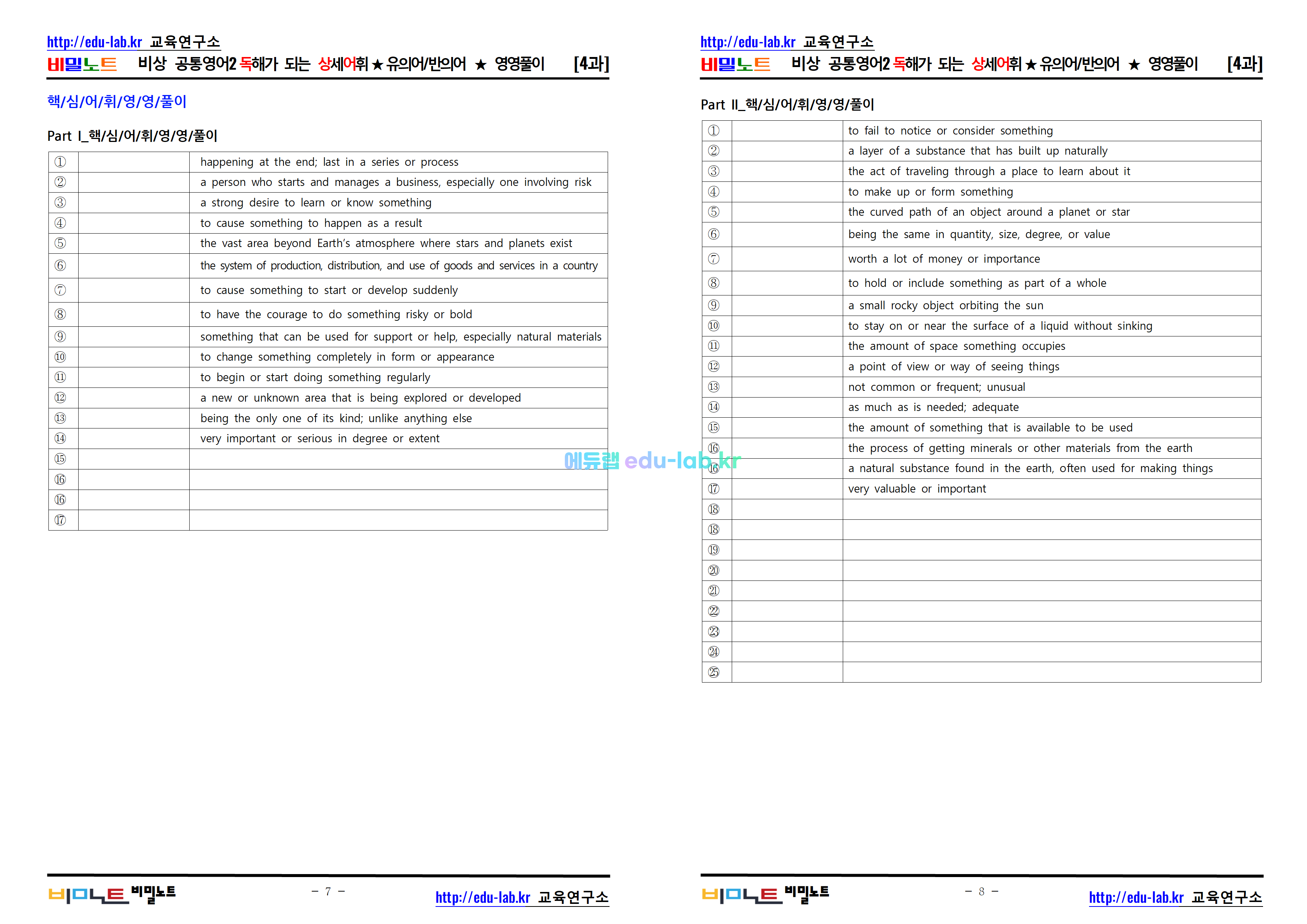 [비밀노트_에듀랩(edu-lab.kr)] 공통영어2 비상 4과 독상어_유의어 반의어_영영풀이(프리패스=정회원전용자료)