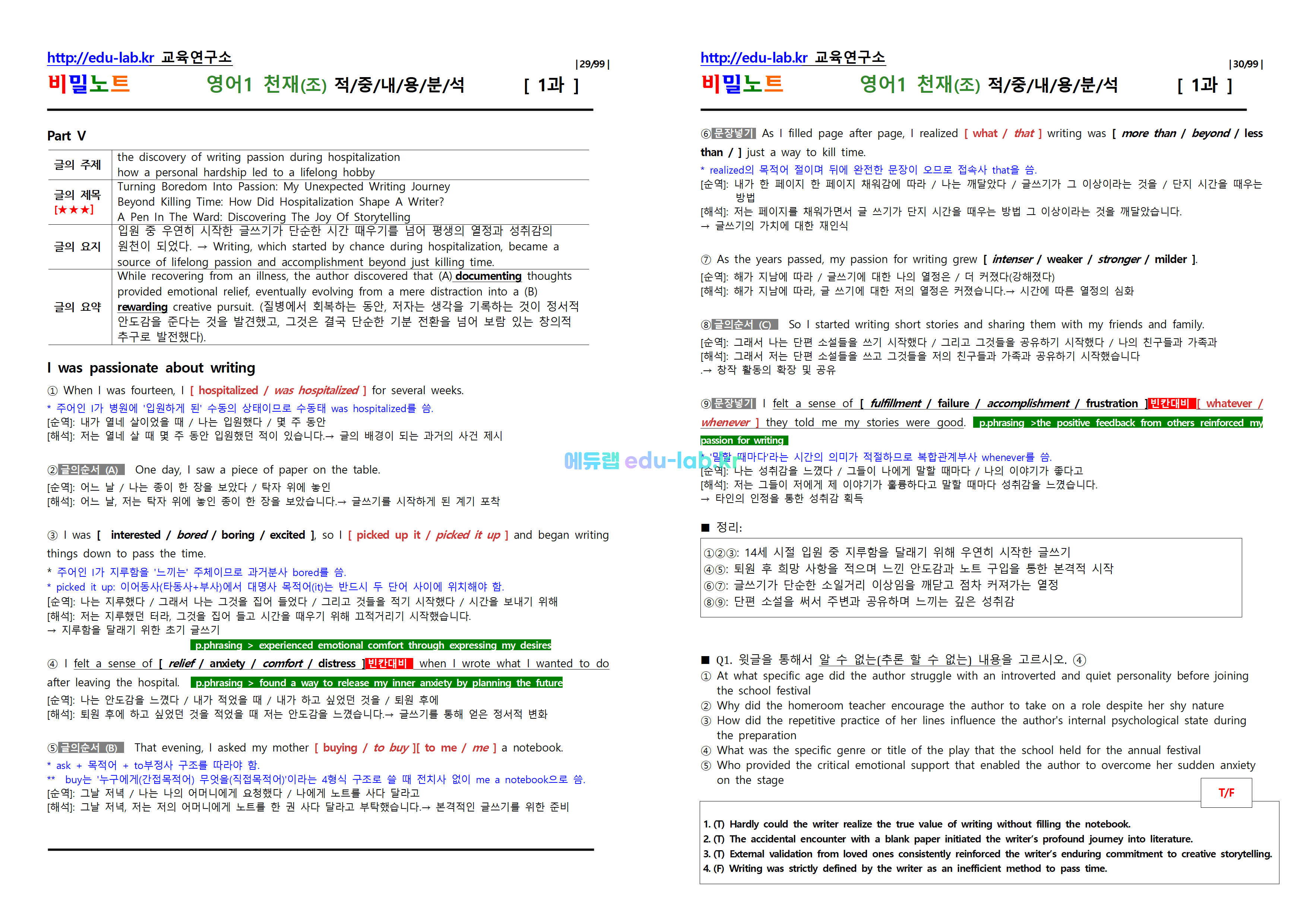 [비밀노트_에듀랩(edu-lab.kr)] 영어1 천재(조) 적중지문분석 & 출제포인트를 잡아라
