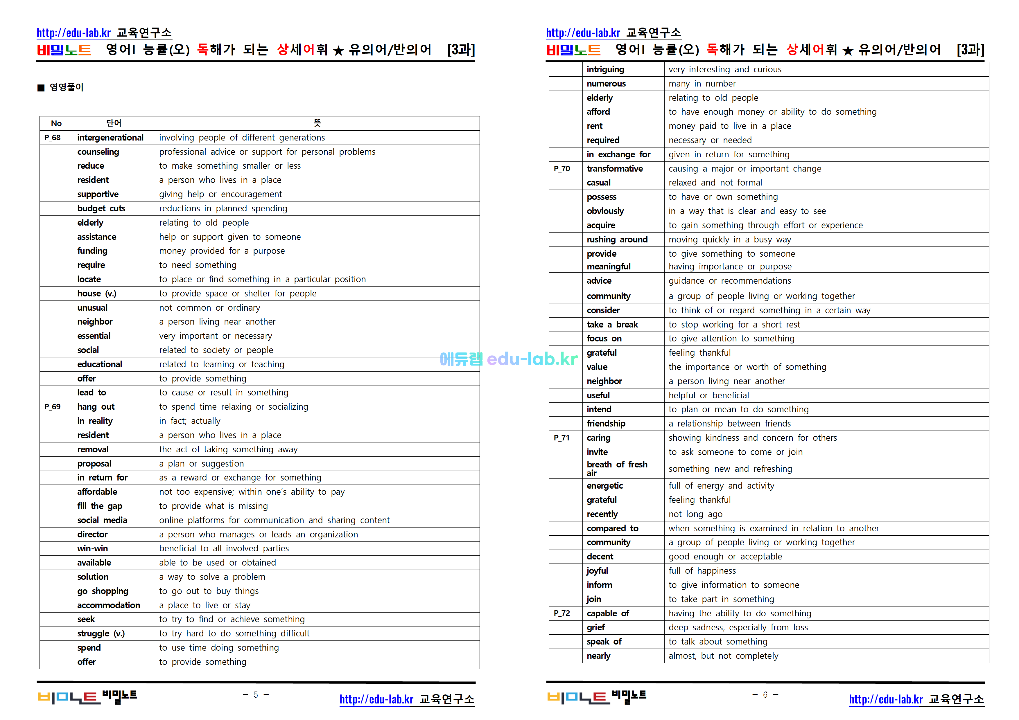 [비밀노트_에듀랩(edu-lab.kr)] 22개정 능률(오) 영어1 3과 독해가되는 상세어휘_유의어_반의어_TEST포함(프리패스전용)